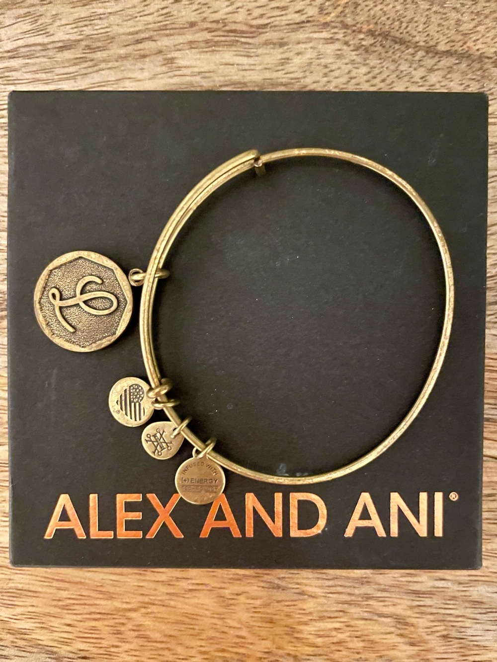 Alex and Ani Antique Gold Initial L & Charm Stackable Bangle